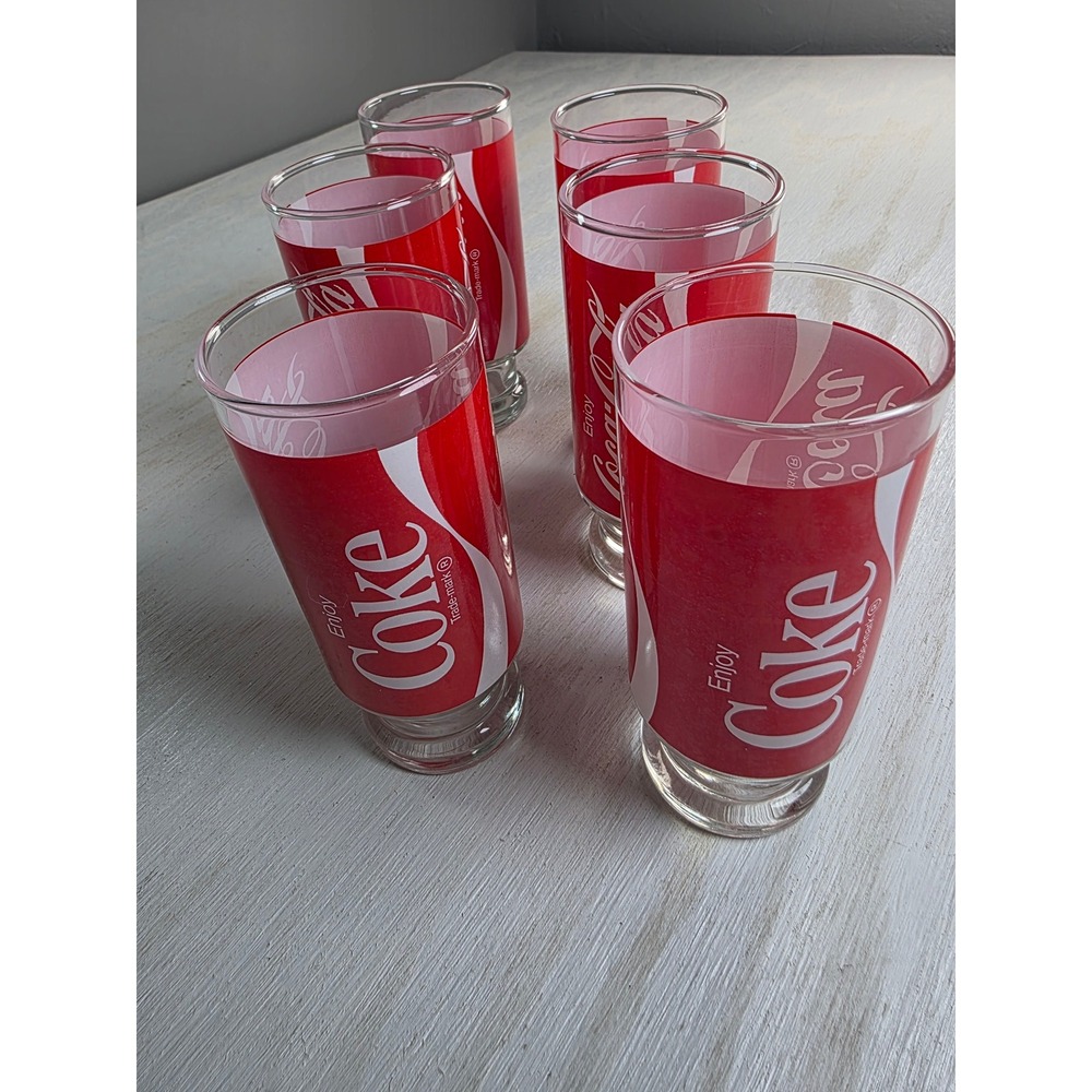 Vintage Coca-Cola Drinking Glasses Set of 6 Red White Footed Logo Tumblers Retro